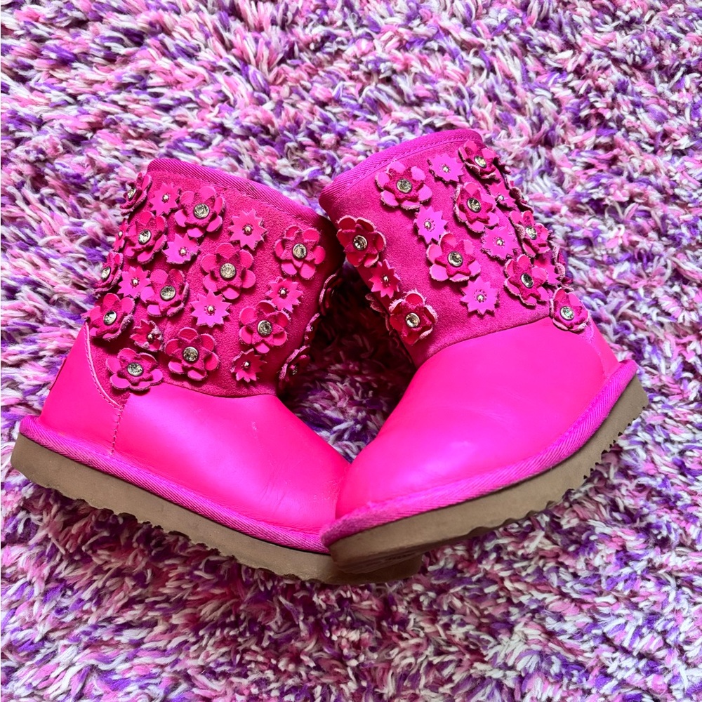UGG Bright Pink Kids Boots with Floral Accents